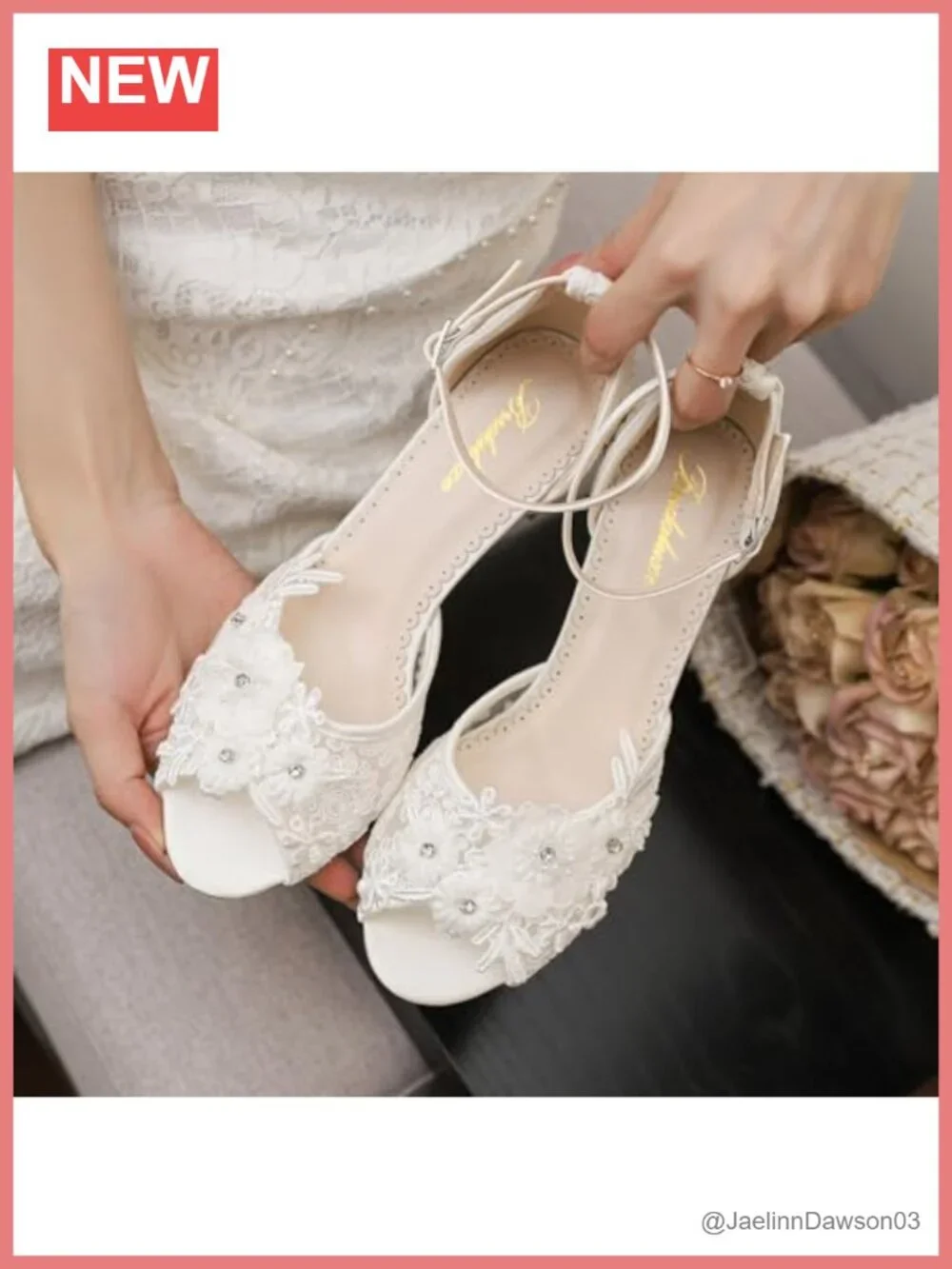 Lace Floral Peep Toe Block Heel Bridal Wedding Shoes Satin Ankle Strap Pumps